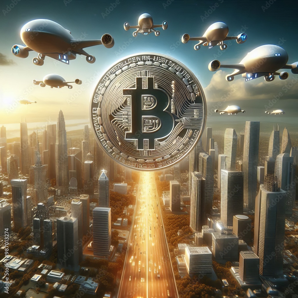 Poster a dynamic scene featuring a bitcoin symbol floating in the sky over a futuristic city as drones fly 