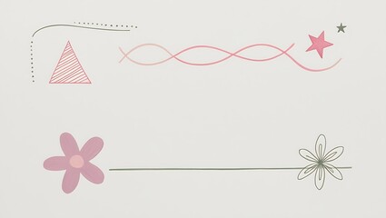 Minimalist abstract artwork with a pink triangle, black stars, wavy lines, and a pink flower on a light off-white background. Dotted lines and brushstrokes add texture to the clean, airy composition.