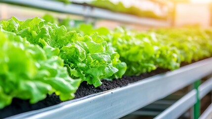 Soil beds filled with leafy greens in a hydroponic system, modern agriculture innovation
