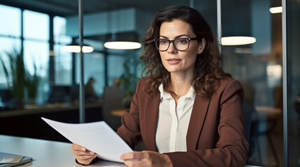 A female professional sits at her desk in an office, working on a laptop.