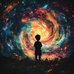 Fototapeta premium Produce a visually striking scene with a childs silhouette set against a backdrop of vivid, swirling galaxies, evoking limitless creativity