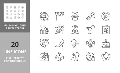 Line icons about party. Editable vector stroke. 64 and 256 Pixel Perfect scalable to 128px...