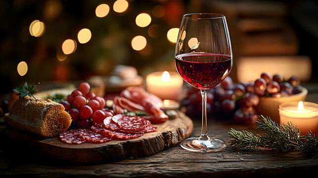 A luxurious glass of red wine with deep hues, placed on a rustic wooden table beside a charcuterie board, with soft candlelight reflecting off the glass, evoking elegance and indulgence
