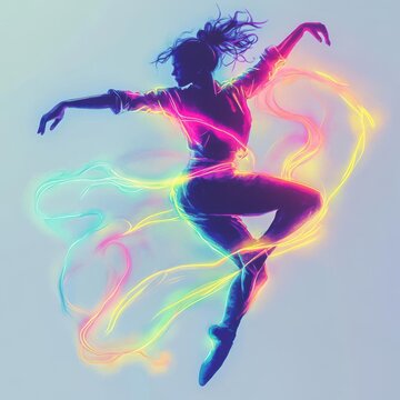 Produce an image of a dancer in mid-motion with neon trails in a stylized watercolor design, embodying the graceful movement and colorful spirit of creativity