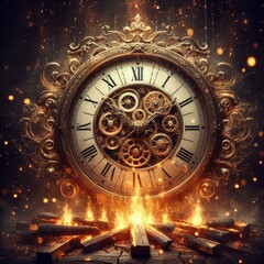 Obraz premium A vintage clock with exposed intricate gears, surrounded by a fiery glow. The detailed craftsmanship of the timepiece is highlighted against a dramatic, dark background, evoking the passage of time