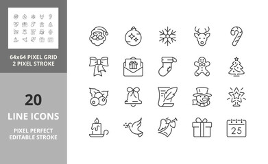 Christmas, party and celebrations, thin line icon set 1 of 2. Outline symbol collection. Editable vector stroke. 64 and 256 Pixel Perfect scalable to 128px