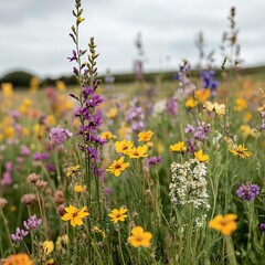 Fototapeta premium Wildflowers growing in restored soil in a conservation area, promoting biodiversity