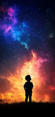 A childs silhouette against a backdrop of multicolored galaxies, representing the endless possibilities of a young mind