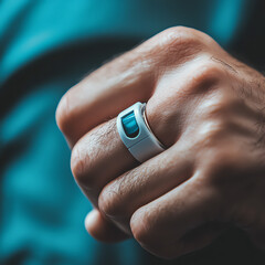 Close-up of a man's hand wearing a white smart ring with a blue sensor.