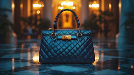 A designer handbag with sleek lines and premium material, resting on a marble surface, illuminated by soft light, evoking elegance, sophistication, and high fashion