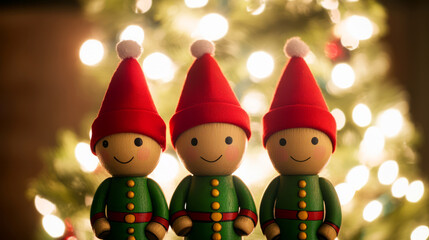 Three cheerful elf figurines in festive attire stand before a glowing Christmas tree, creating a warm holiday atmosphere.