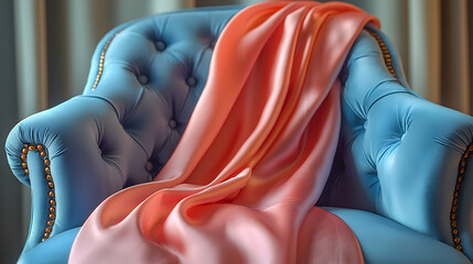 A luxurious silk scarf draped casually over a velvet armchair, with soft natural light reflecting off the smooth fabric, evoking elegance, sophistication, and effortless style
