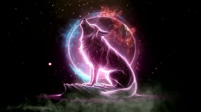 Digital illustration of a wolf howling with neon lights. Seamless looping time-lapse 4k video animation background