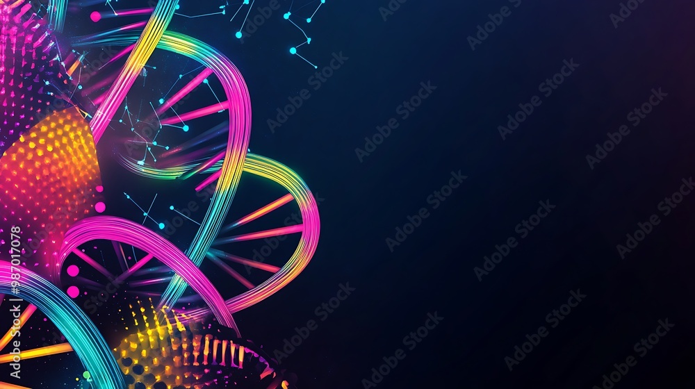 Aufkleber abstract representation of a dna helix with glowing neon colors on a dark background.