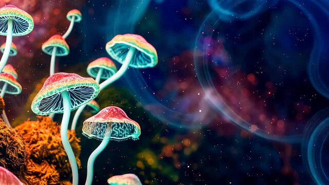 Glowing magic mushrooms growing under colorful nebula