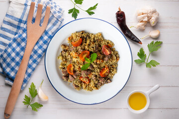 Couscous with beef and vegetables. Top view table with  decoration.