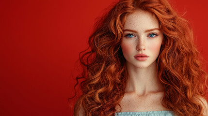 Fototapeta premium A woman with red hair and blue eyes stands in front of a red background