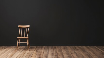 A solitary wooden chair stands against a dark wall, emphasizing simplicity and minimalism in an empty space.