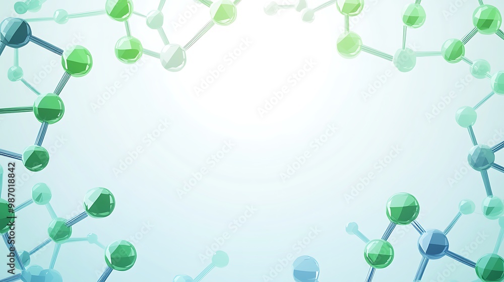 Poster Abstract background with green and blue molecule structures in a white background.