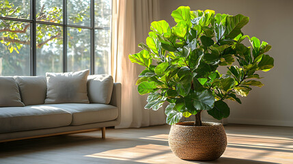A large fiddle-leaf fig tree in a stylish woven basket, placed next to a modern sofa in a sunlit living room, evoking contemporary design, natural beauty, and urban jungle vibes