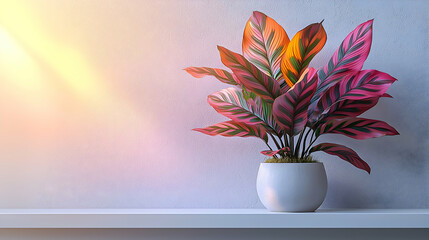 A vibrant calathea plant with bold, patterned leaves, resting on a sleek white shelf, with light gently highlighting its intricate details, evoking modern decor and tropical elegance