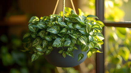 A trailing pothos plant cascading from a hanging planter, with natural light softly illuminating its vibrant green leaves, evoking effortless greenery, indoor elegance, and vitality