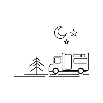 recommend clip art: Summer camping trailer, van, RV, mountain night vacation line art design