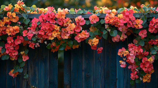 A colorful flowering bougainvillea vine climbing a rustic wooden trellis, bathed in warm evening light, evoking tropical beauty, outdoor elegance, and natural vibrancy