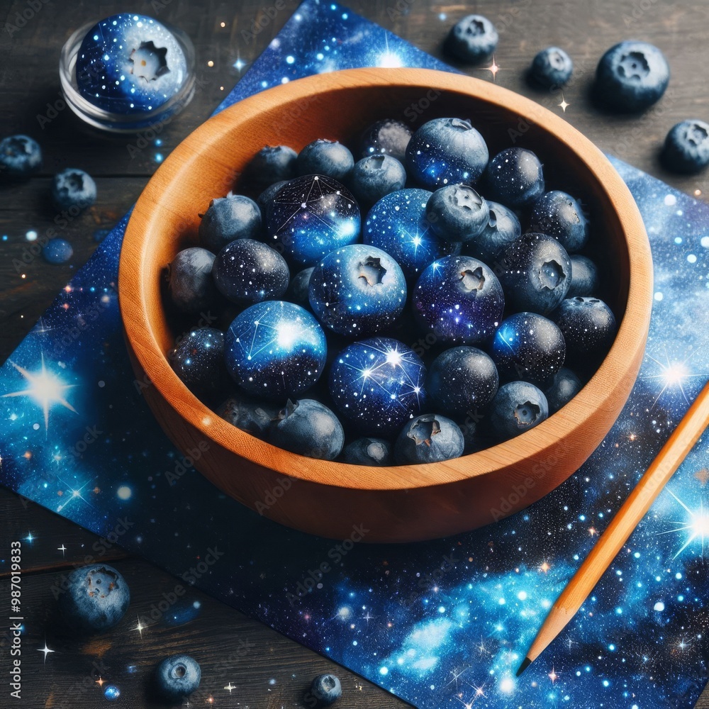 Poster a close-up of blueberries in a wooden bowl, placed on a starry surface. the blueberries are digitall