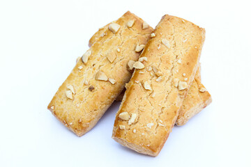 Kaju stick cookies on white background close-up view 