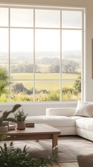 Mockup frame in a cozy farmhouse living room interior with large windows overlooking a pastoral...