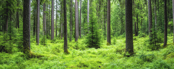 Obraz premium A lush green forest with trees and grass