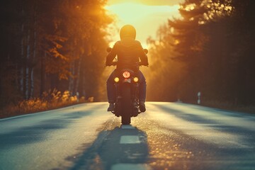 Motorcyclist Riding on Straight Road with Trees at Sunset Glow