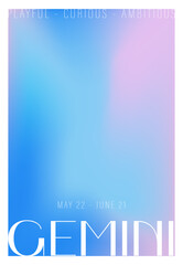 Gemini zodiac sign. Modern astrology poster in Y2k style. Blurred horoscope background. Gradient template for social media post. Perfect for tarot readers and astrologers. Vector illustration.