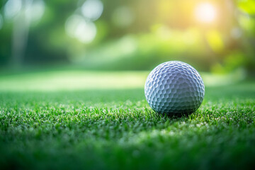 Obraz premium A golf ball rests on the green grass, with a bokeh background of a golf course in the morning. This image captures the concept of sport and outdoor activity.