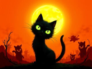 Silhouette of Scary Cat with Glowing Eyes, Ghosts, and Fiery Moon Scene