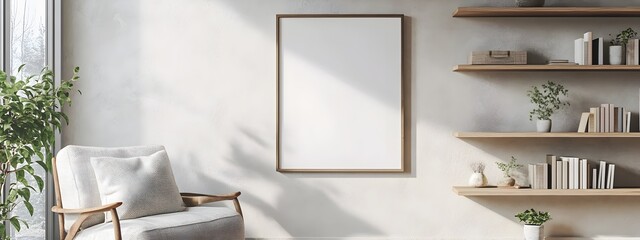 Mockup Frame in Cozy Farmhouse Living Room with Built in Shelves Armchair and Muted Natural Lighting Creating a Warm and Inviting Atmosphere