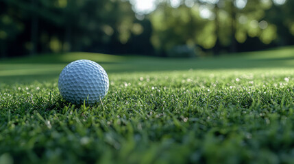 Obraz premium A golf ball rests on the green grass, with a bokeh background of a golf course in the morning. This image captures the concept of sport and outdoor activity.