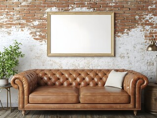Mockup Frame in Cozy Rustic Farmhouse Living Room Interior with Brick Accent Wall Overstuffed Leather Sofa Vintage Side Table and Muted Color Palette