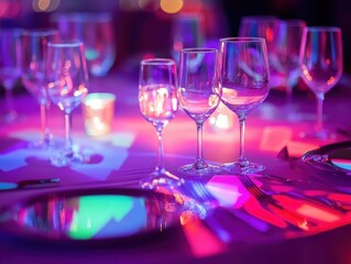 Business success celebration with vibrant lighting, sleek setup.