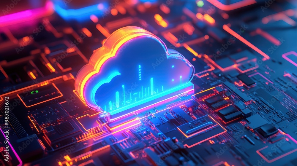 Poster cloud computing with vibrant lighting, sleek server setup.