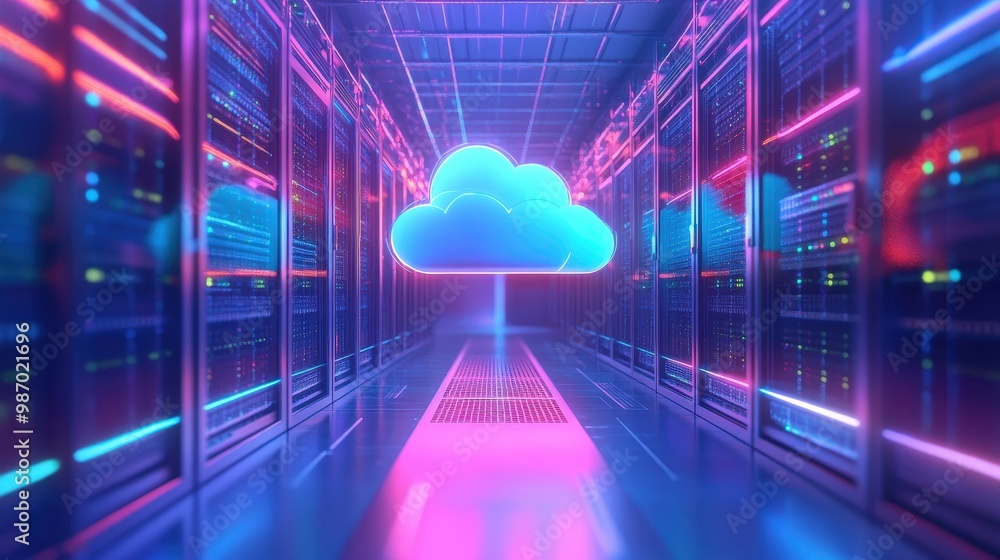 Poster cloud computing with vibrant lighting, sleek server setup.