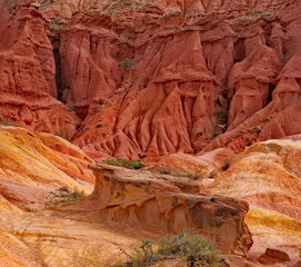 Northern Kyrgyzstan. The unusual texture of red-yellow clay rocks in the famous Skazka Canyon, off the coast of Lake Issyk-Kul.