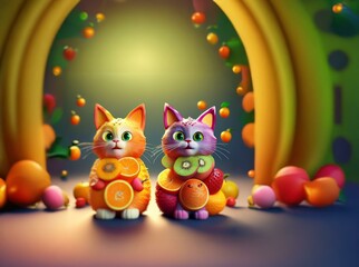 Obraz premium Two furry cats made of fruit sit in front of a blurry yellow and green background.