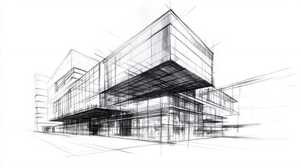 a drawing sketch of architecture, modern office building, perspective, on white background.