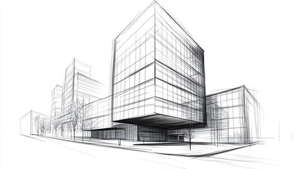 a drawing sketch of architecture, modern office building, perspective, on white background.