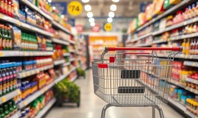 Shopping cart, grocery store aisle, consumer goods, blurred background