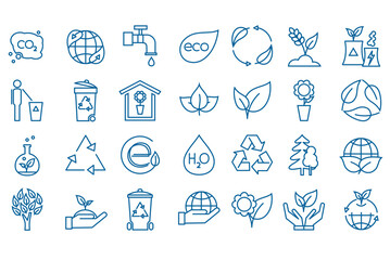 Ecology icons set. Eco friendly. Environment and sustainability concepts. Protection, planet care, natural recycling power. Collection of web icons. Symbols outlines