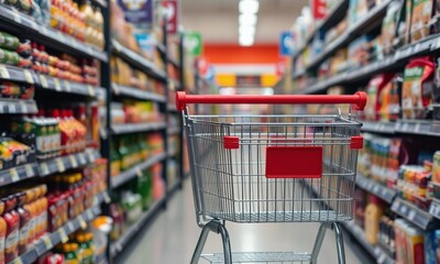 Shopping cart, grocery store aisle, consumer goods, blurred background