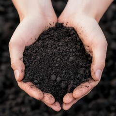 Close-up of hands holding rich black soil with organic matter, symbolizing soil resources and sustainable farming